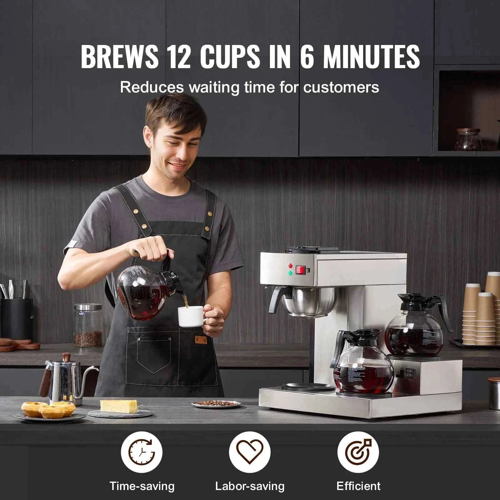 12-Cup Commercial Drip Coffee Maker with 3 Glass Carafes and 3 Warming Plates-3 Warmer Plates / United States