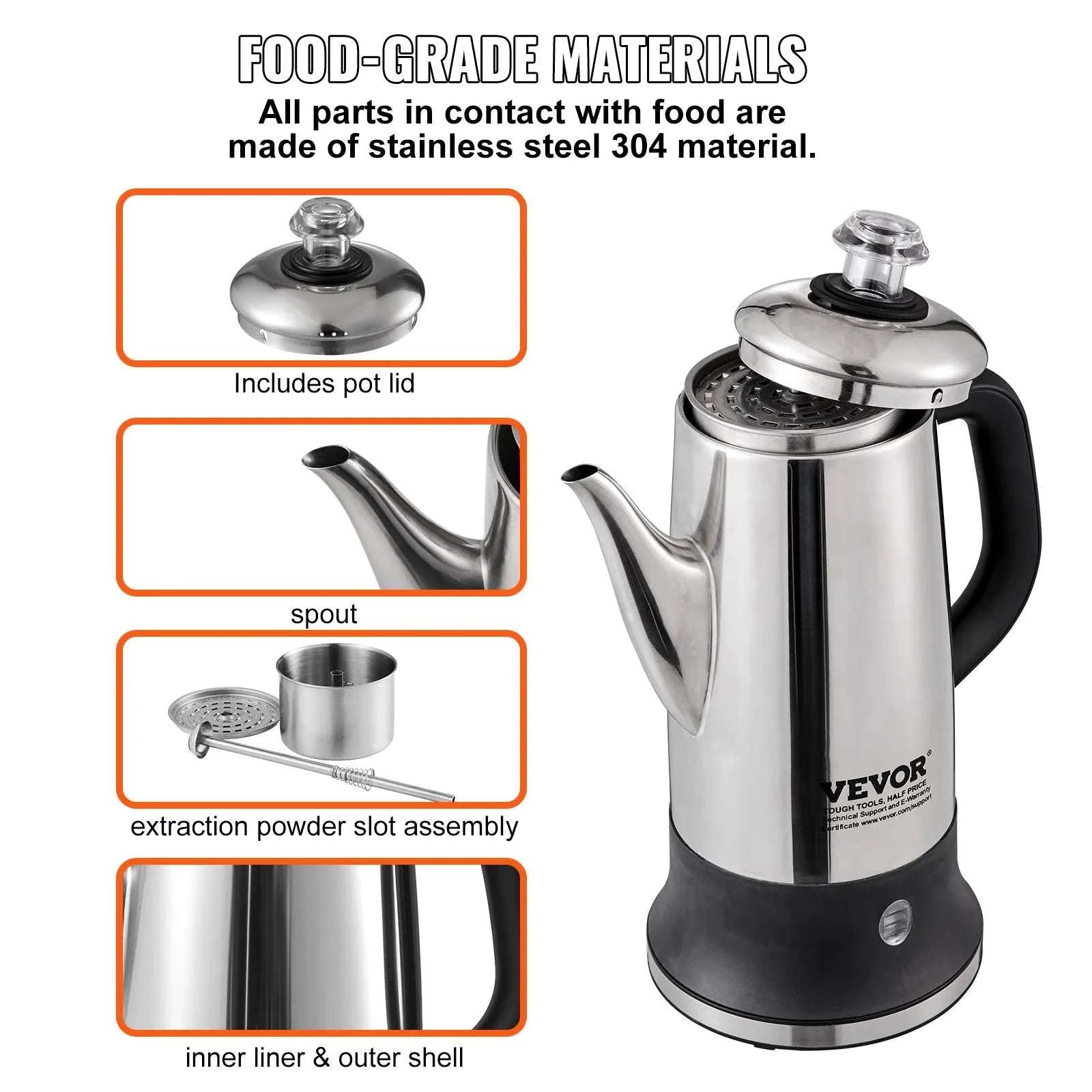 12-Cup Electric Coffee Percolator 1.8L Stainless Steel with Keep Warm-1.8L 1000W / United States