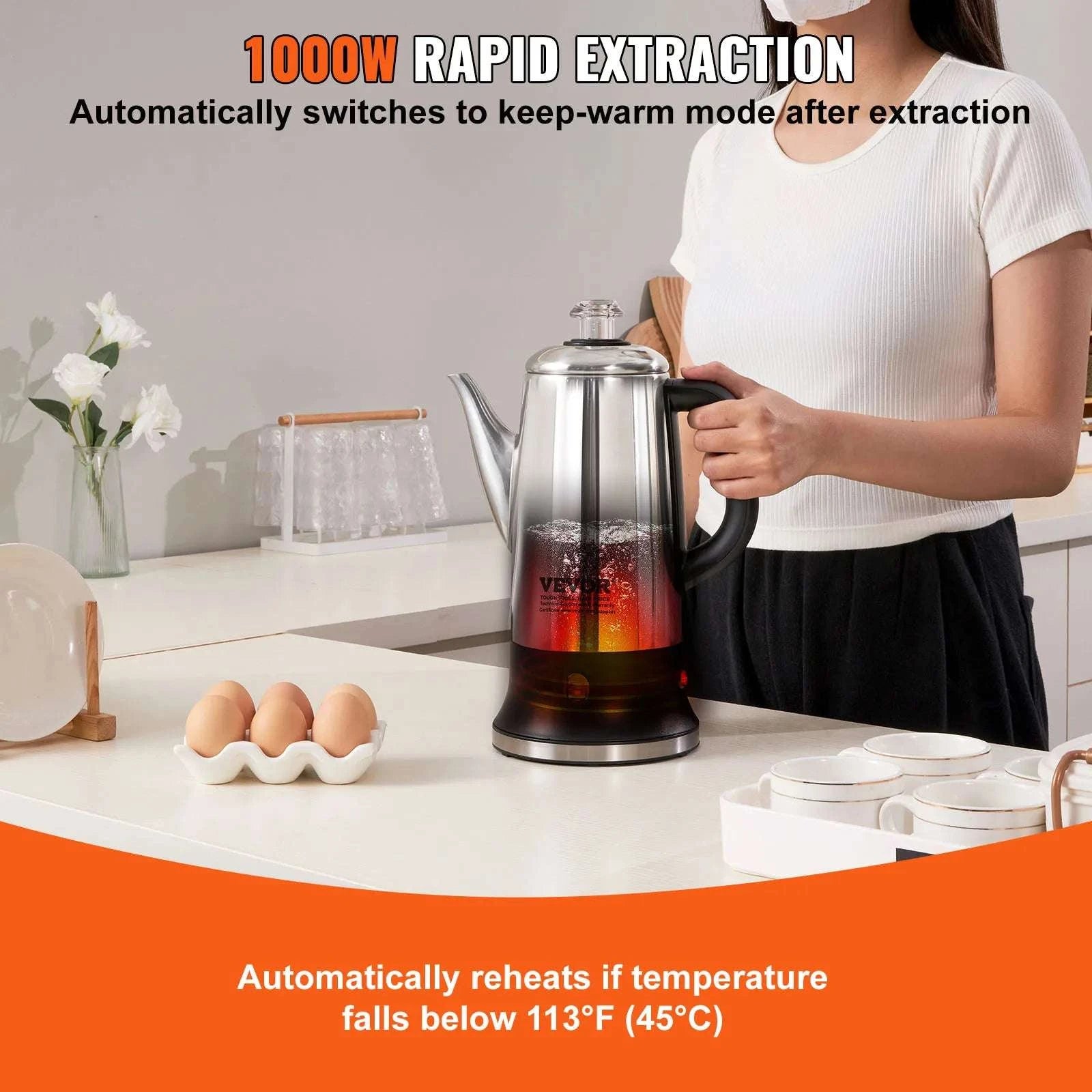 12-Cup Electric Coffee Percolator 1.8L Stainless Steel with Keep Warm-1.8L 1000W / United States