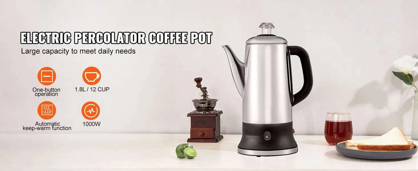 12-Cup Electric Coffee Percolator 1.8L Stainless Steel with Keep Warm-1.8L 1000W / United States
