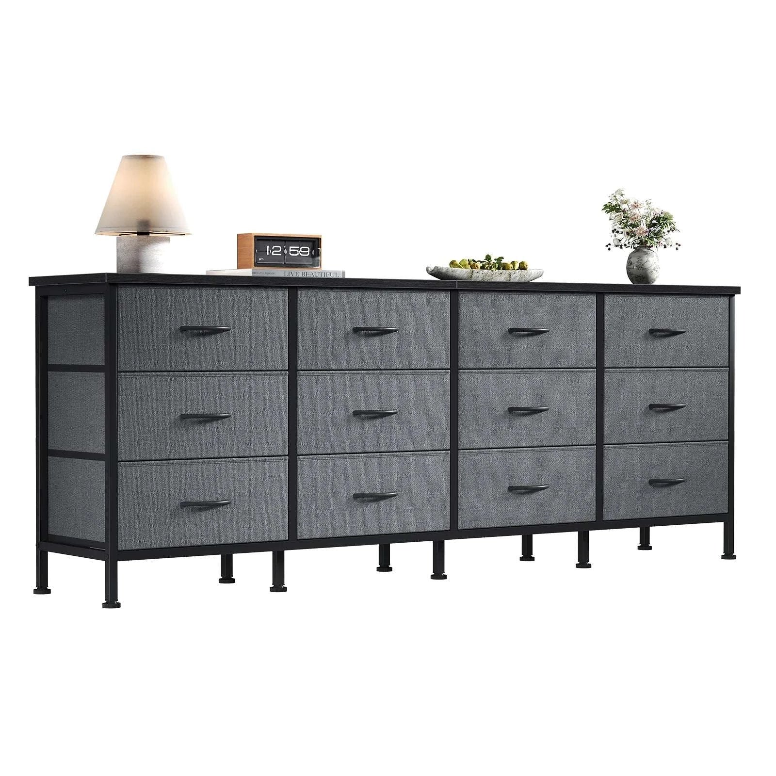 12 Drawer Fabric Storage Cabinet TV Stand with Wood Top-Gray / United States