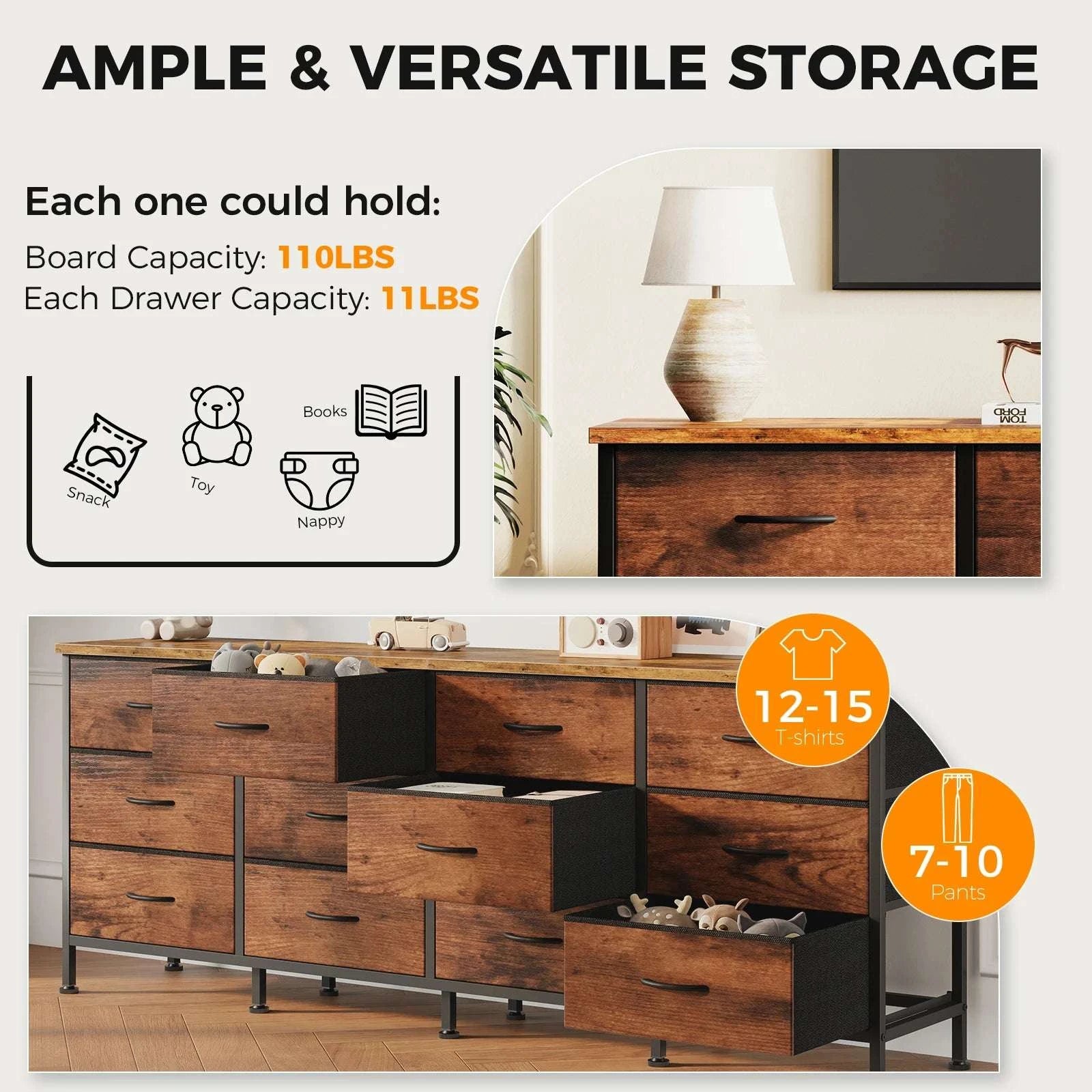 12 Drawer Fabric Storage Cabinet TV Stand with Wood Top-Gray / United States