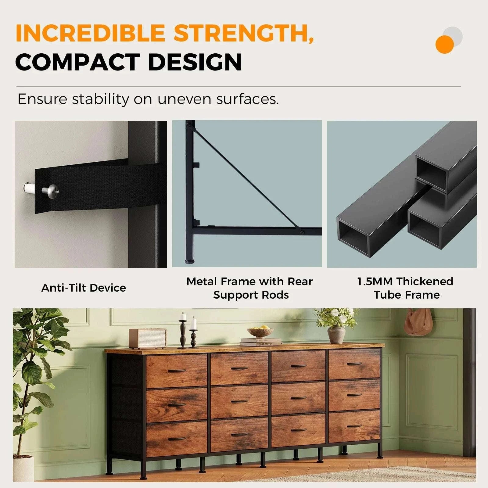 12 Drawer Fabric Storage Cabinet TV Stand with Wood Top-Gray / United States
