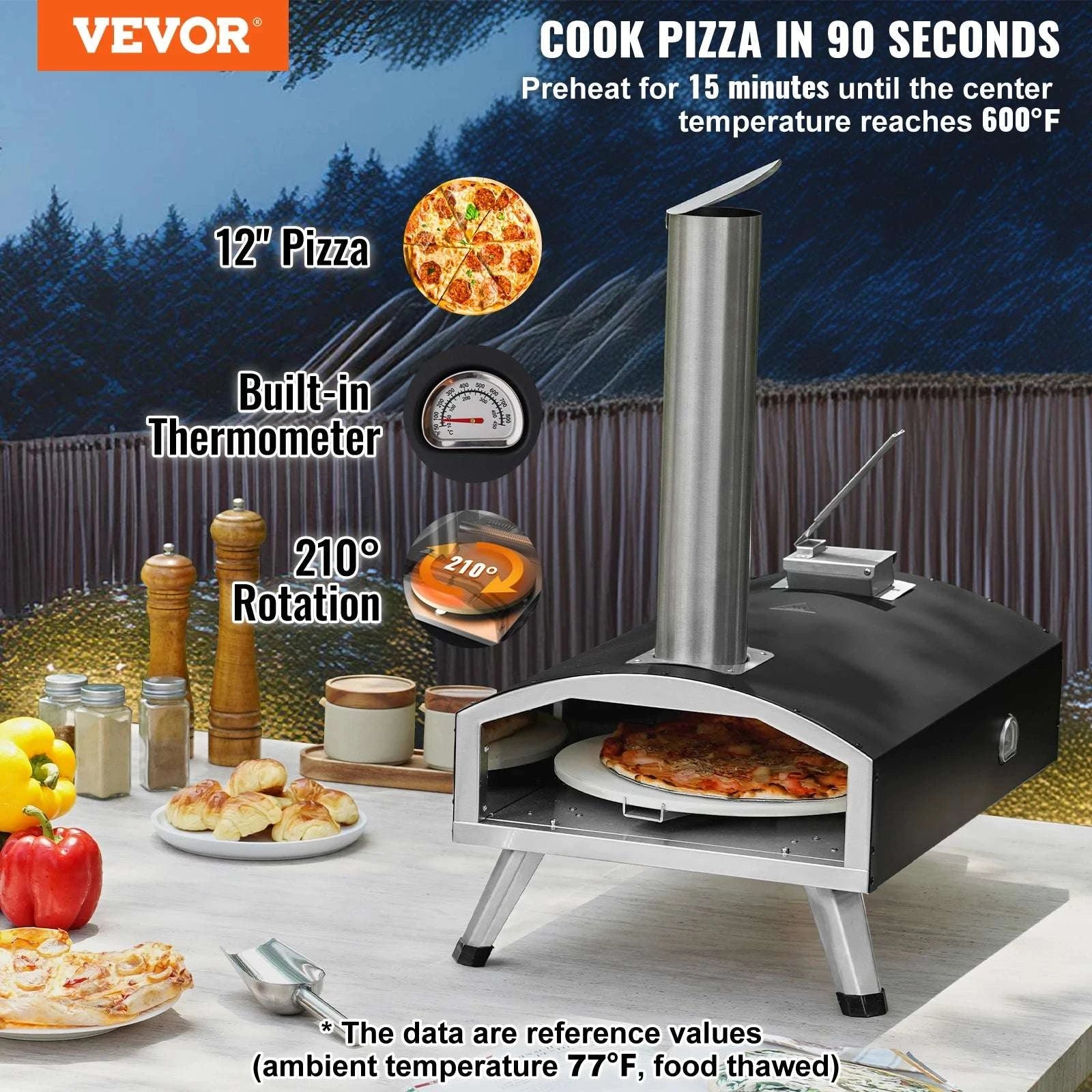12-Inch Outdoor Pizza Oven with Rotating Stone & Tri-Fuel Cooking-United States