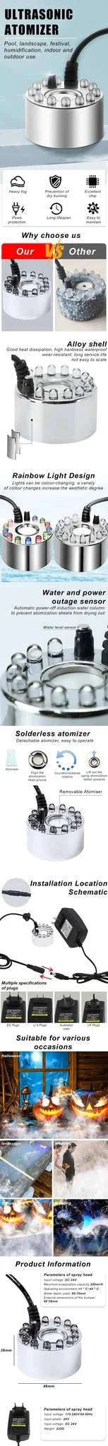 12 LED Ultrasonic Mist Maker Fogger for Pond, Fountain & Party Decor-AU Plug
