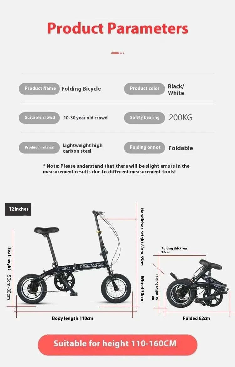 12" Mini Folding Bike with Disc Brakes – Compact City Bicycle-Black upgraded