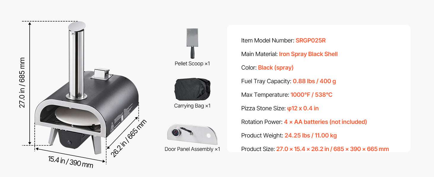 12" Outdoor Wood Fired Pizza Oven with Rotating Stone & Thermometer-Pellet Gas / United States