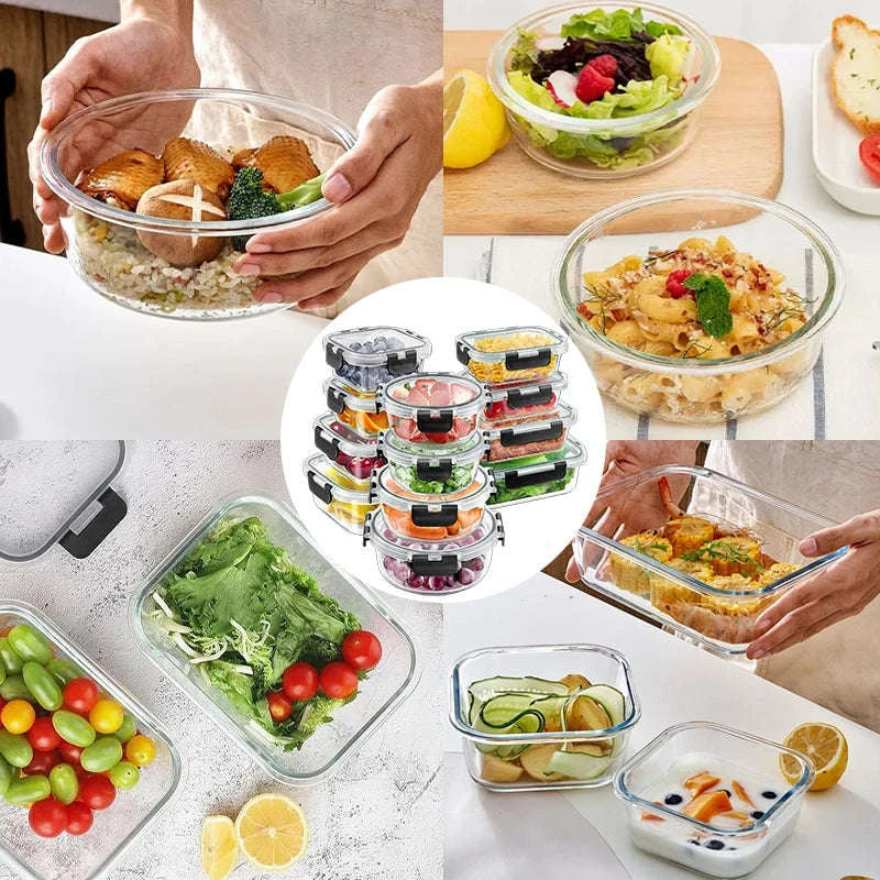 12-Piece Glass Meal Prep Containers with Airtight Leak-Proof Lids-Black / United States