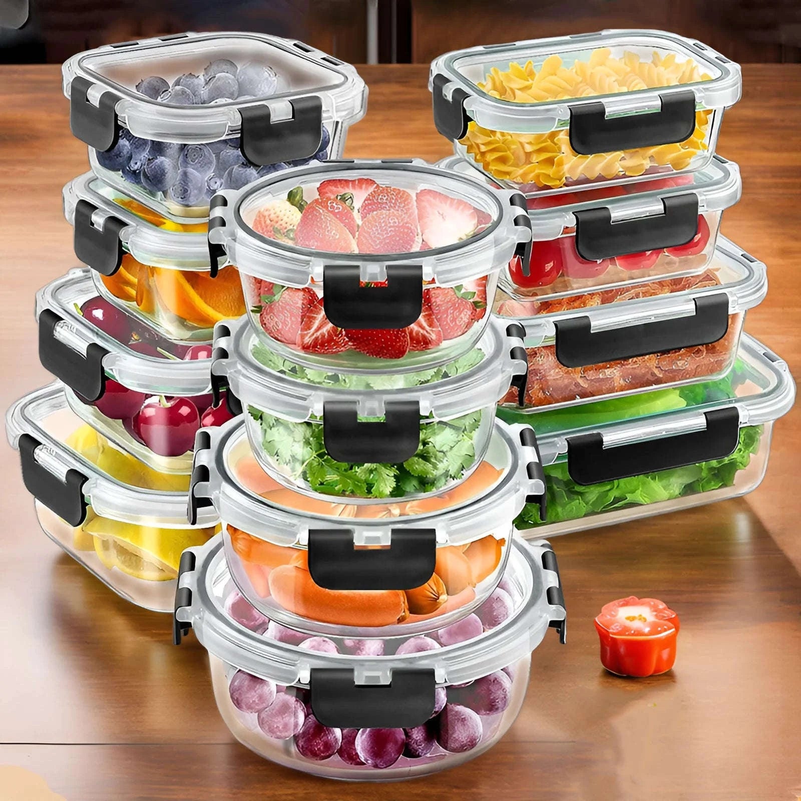 12-Piece Glass Meal Prep Containers with Airtight Leak-Proof Lids-Black / United States