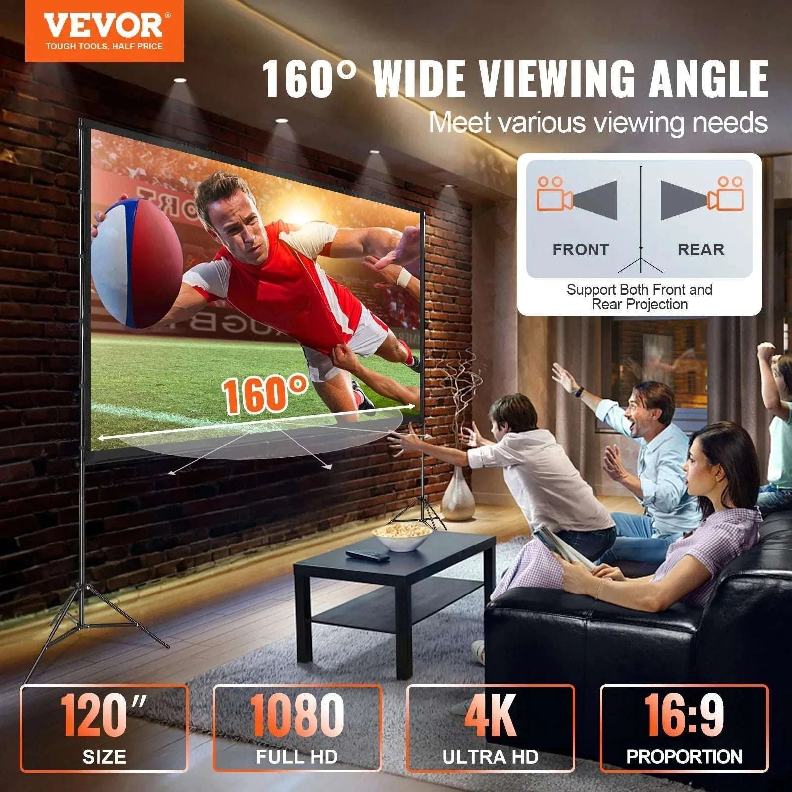 120" Portable Projector Screen with Stand 16:9 Outdoor Movie Screen-100 inch Bar Feet / United States