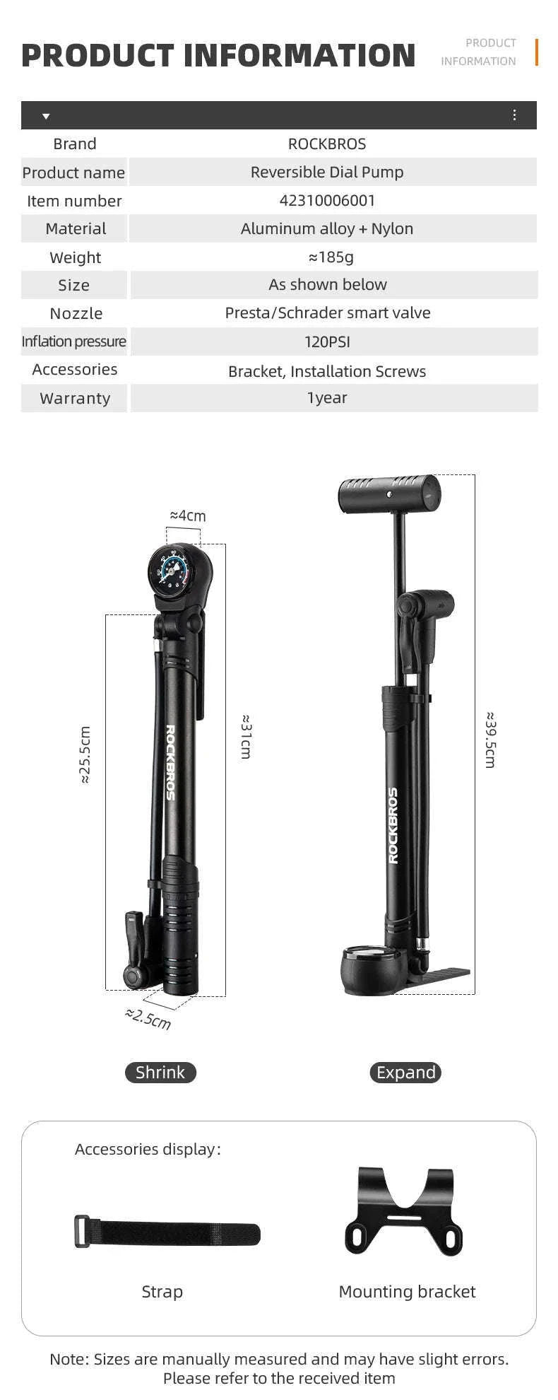 120 PSI Manual Bike Pump with Gauge, Presta Schrader-42310006001