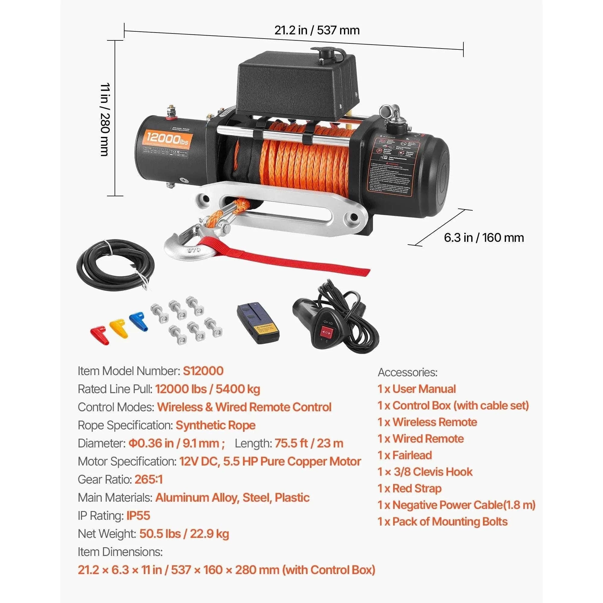 12000 lbs Wireless Electric Winch with Synthetic Rope for Off-Road Recovery-12000 lbs / United States