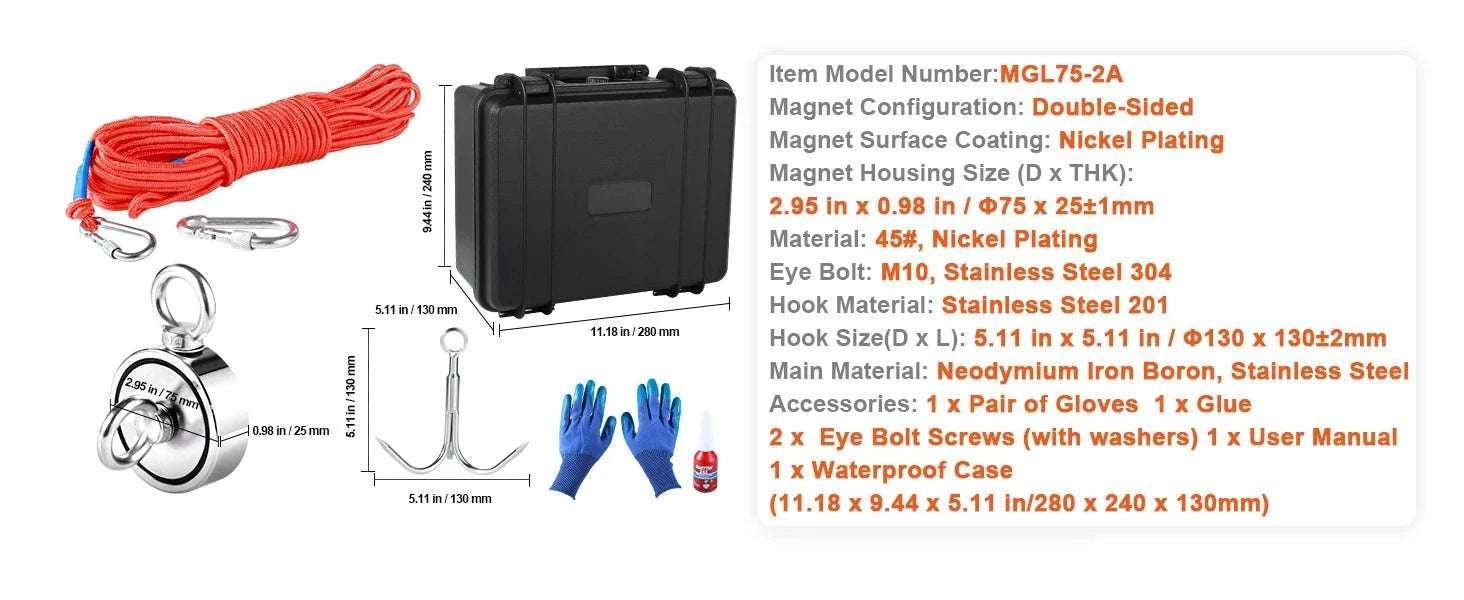 1200lb Double-Sided Magnet Fishing Kit with 65FT Rope-spain