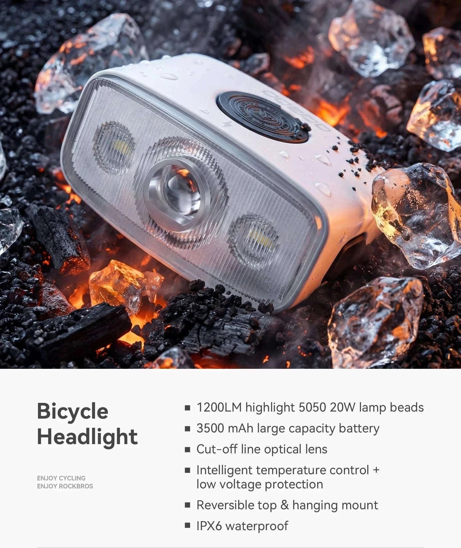 1200LM Bike Headlight USB Rechargeable IPX6 Waterproof Front Light-QC1200-white