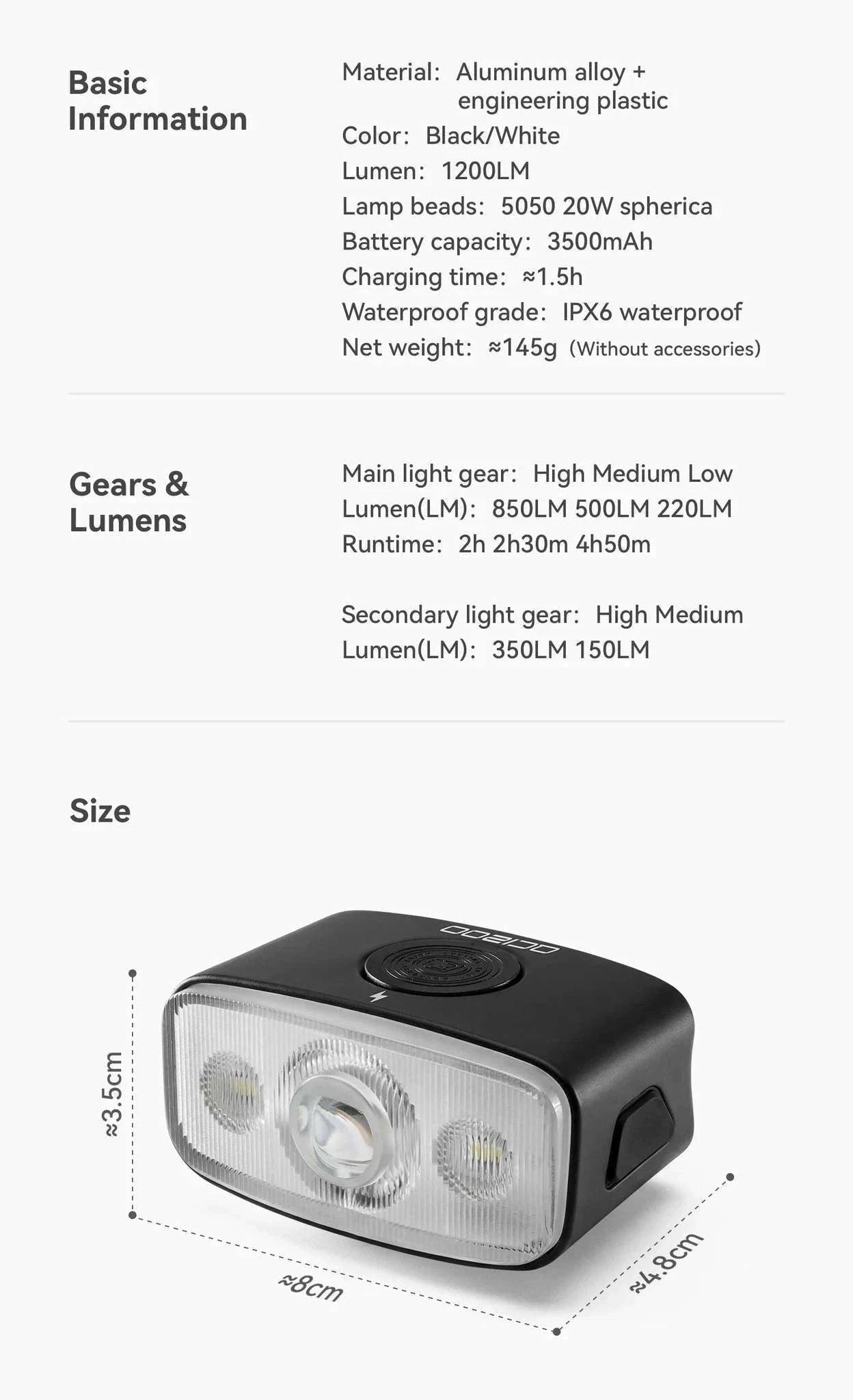 1200LM Bike Headlight USB Rechargeable IPX6 Waterproof Front Light-QC1200-white