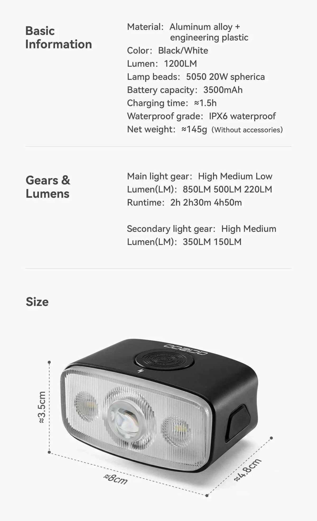 1200LM Bike Headlight USB Rechargeable IPX6 Waterproof Front Light-QC1200-white