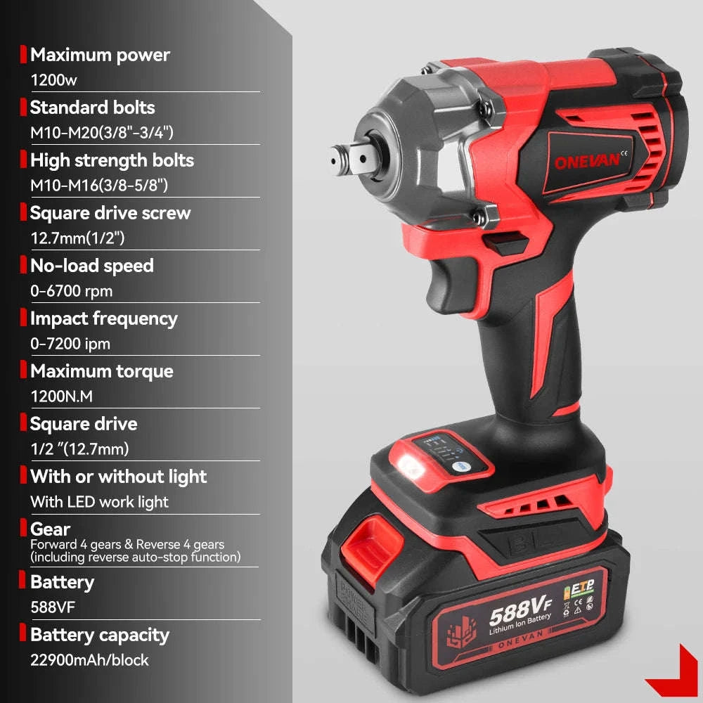 1200N·M Brushless Electric Impact Wrench DTW500 with 4‑Gear Control-2xBattery Set / GERMANY