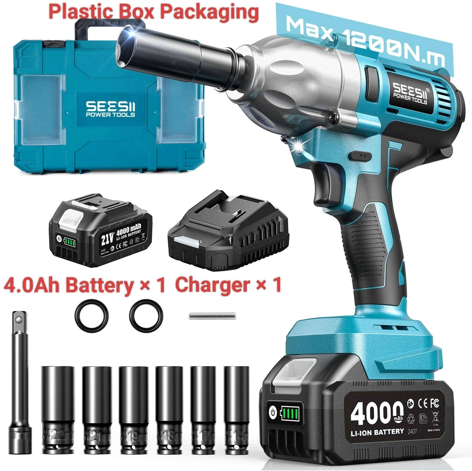 1200N.m Cordless Impact Wrench 1/2 Inch with LED and 6 Sockets-No Battery Plastic / United States
