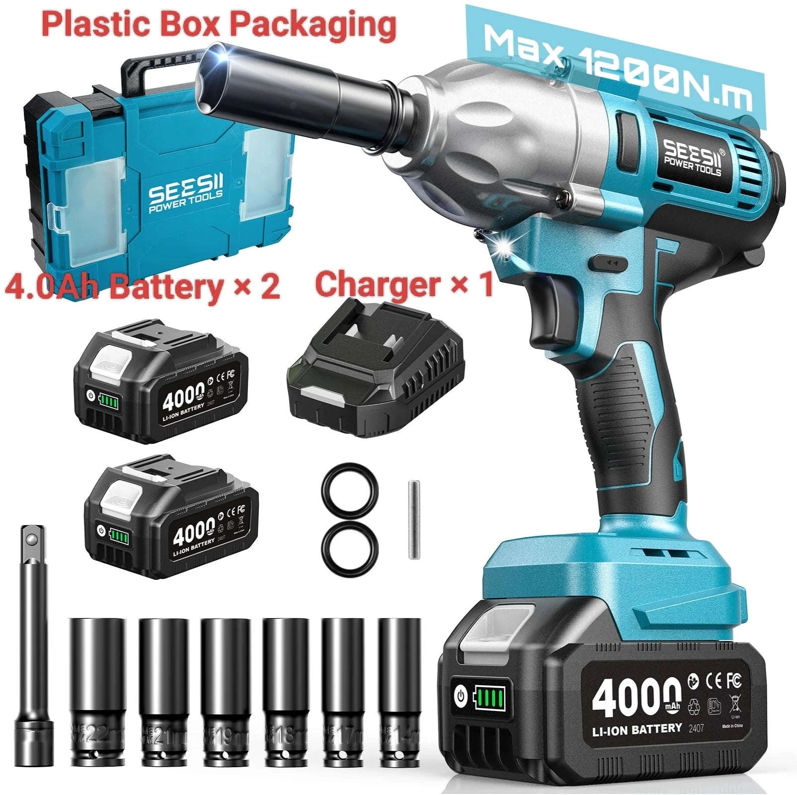 1200N.m Cordless Impact Wrench 1/2 Inch with LED and 6 Sockets-No Battery Plastic / United States