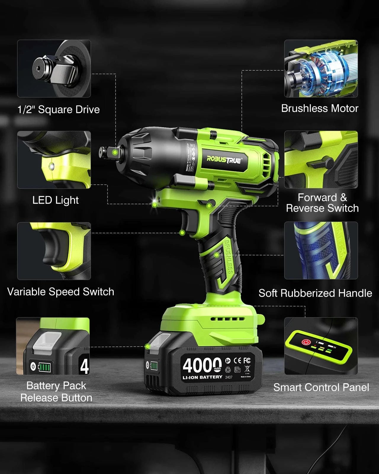 1200Nm 1/2 Inch Cordless Impact Wrench with 2 x 4.0Ah Batteries-Tool Only / United States