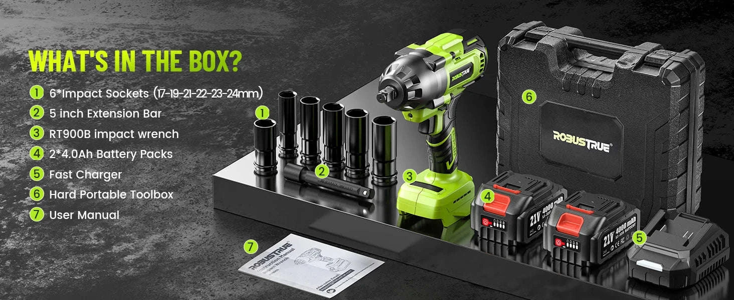 1200Nm 1/2 Inch Cordless Impact Wrench with 2 x 4.0Ah Batteries-Tool Only / United States