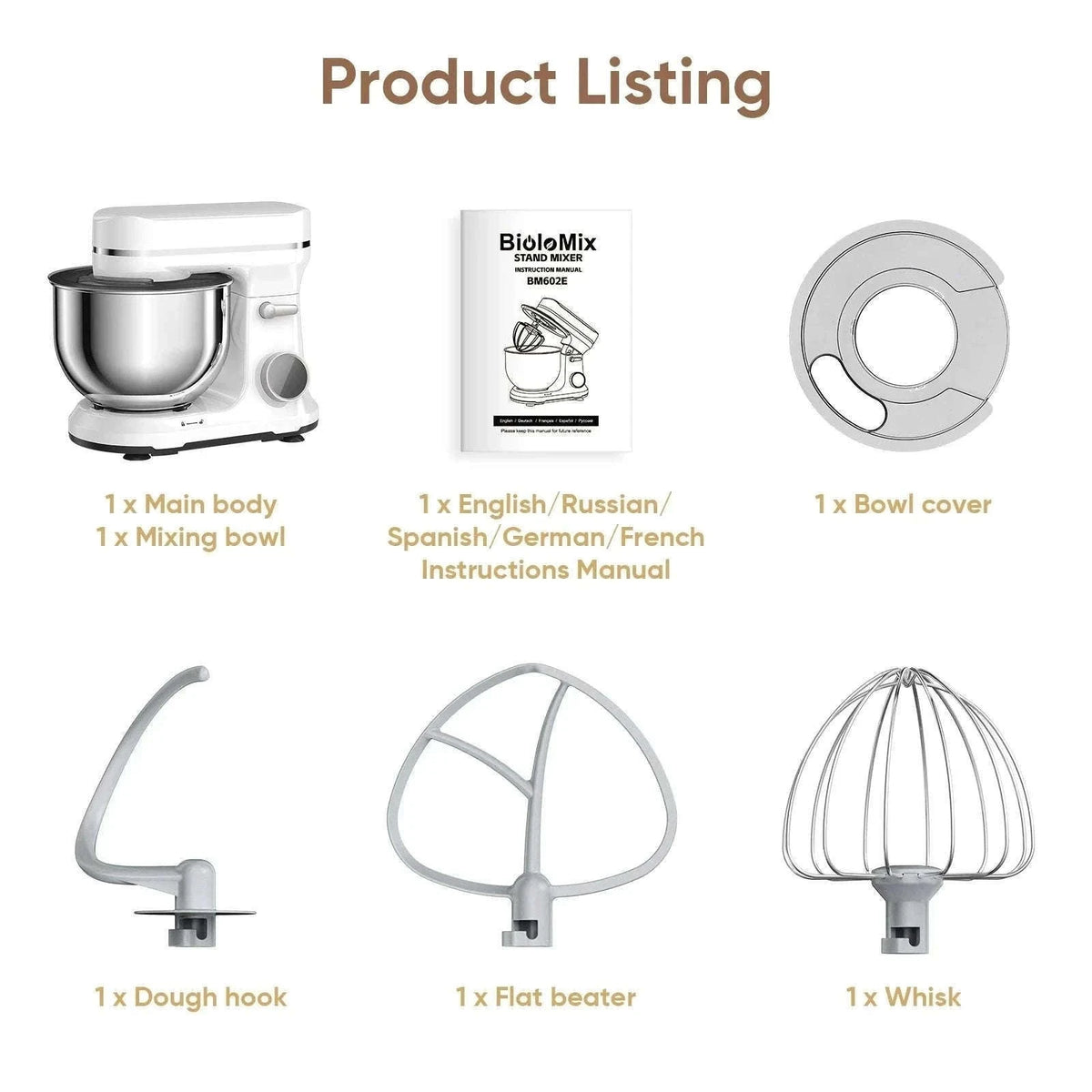 1200W 11-Speed Stand Mixer with 5L Bowl-BM602E  WHITE / EU / france