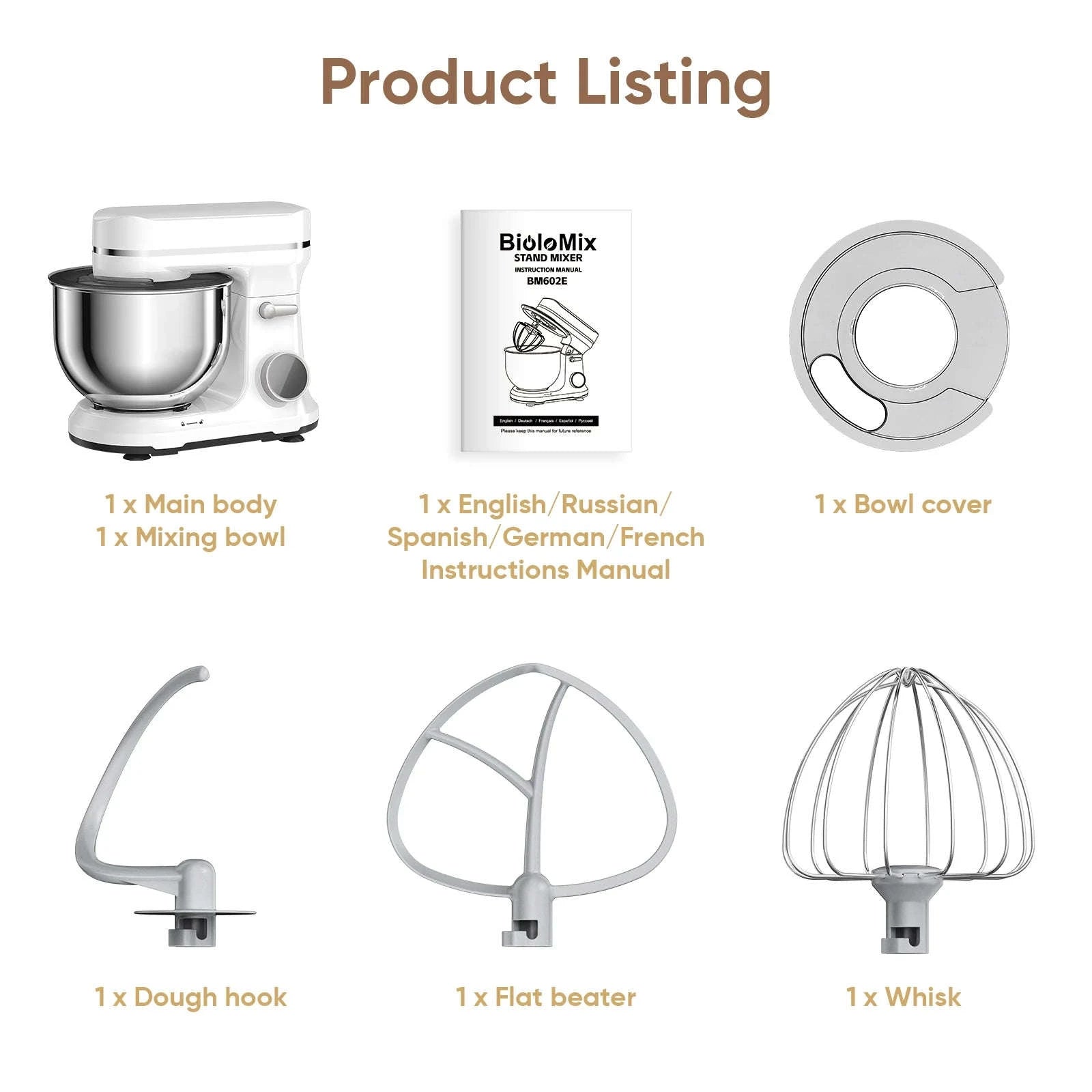 1200W 11-Speed Stand Mixer with 5L Bowl-BM602E  WHITE / EU / france