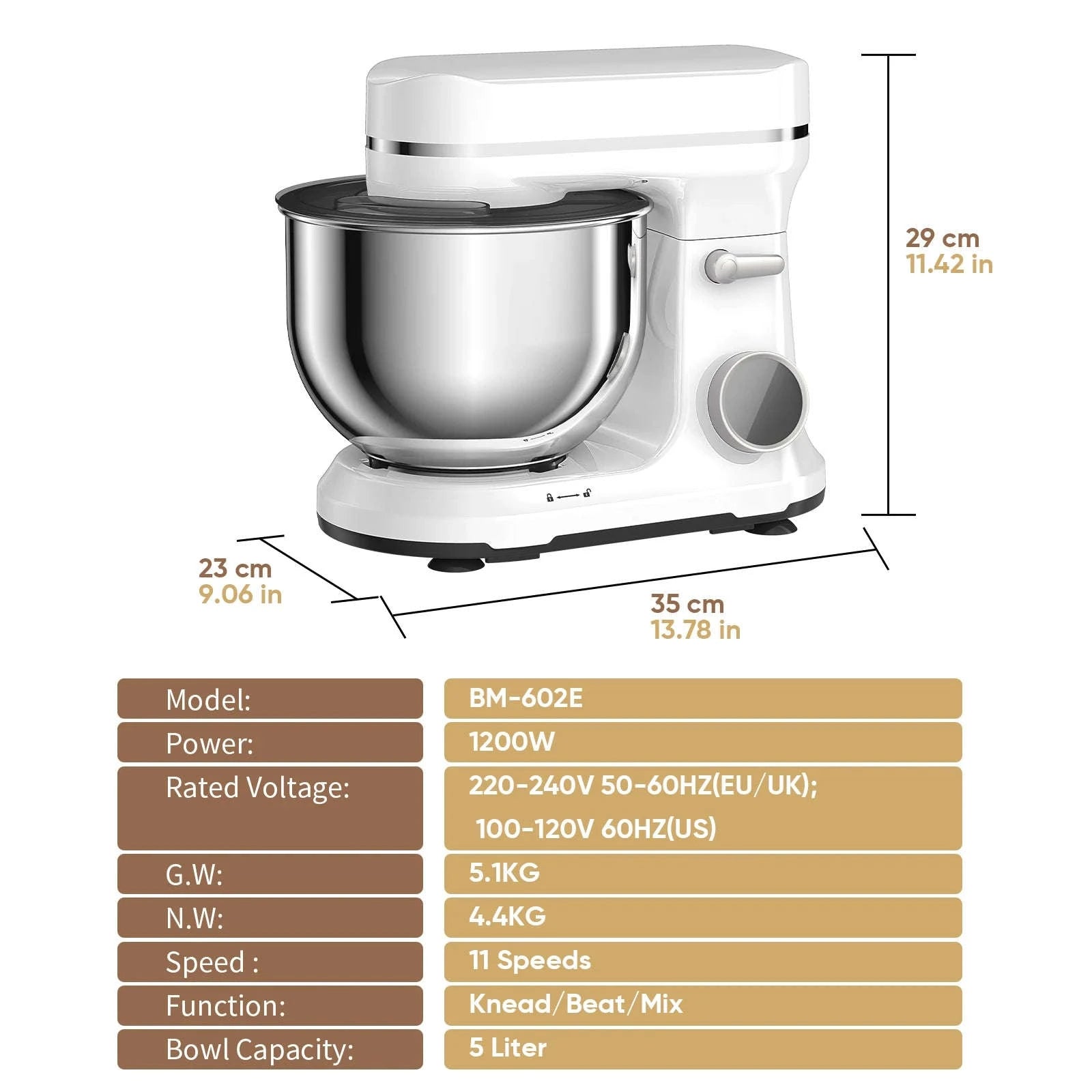 1200W 11-Speed Stand Mixer with 5L Bowl-BM602E  WHITE / EU / france