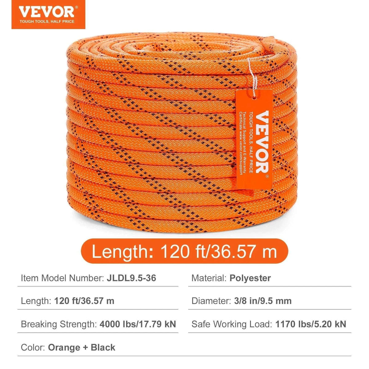 120ft Double Braided Polyester Rope 4000 lbs Strength Arborist Cord-0.375 inch / GERMANY