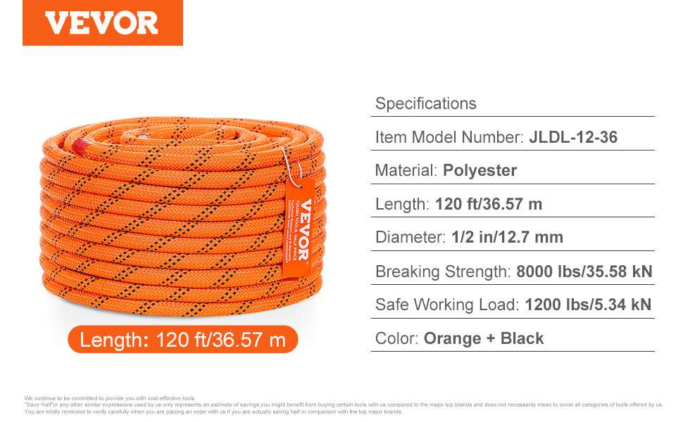 120ft Double Braided Polyester Rope 4000 lbs Strength Arborist Cord-0.375 inch / GERMANY