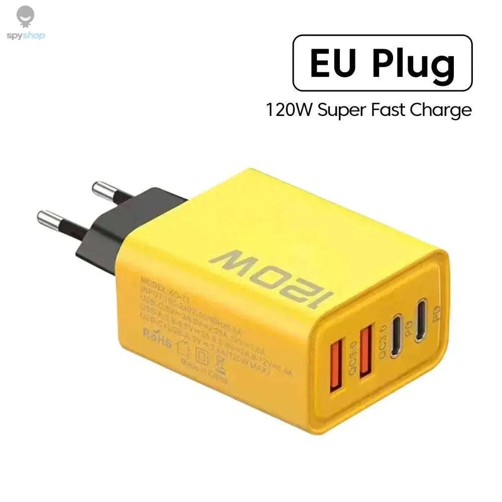 120W Fast Charger – Quick Charge 3.0 Multi‑Port USB‑C Power Adapter-Black EU Plug / Yellow