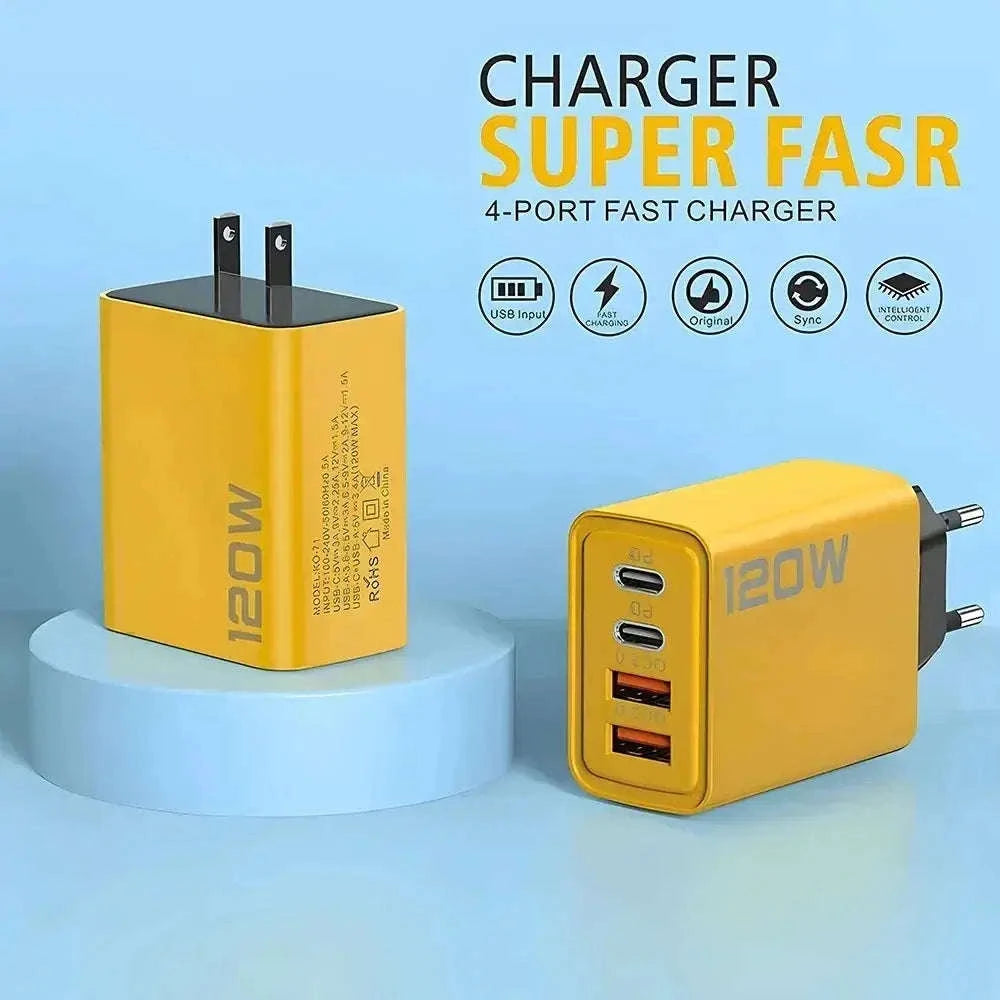 120W Fast Charger – Quick Charge 3.0 Multi‑Port USB‑C Power Adapter-Black EU Plug / Yellow