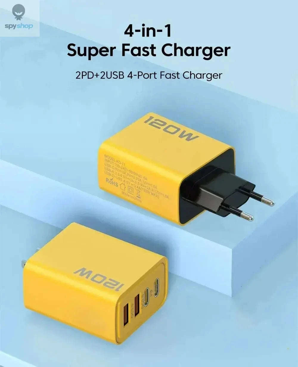 120W Fast Charger – Quick Charge 3.0 Multi‑Port USB‑C Power Adapter-Black EU Plug / Yellow