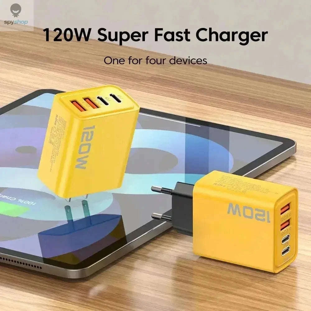 120W Fast Charger – Quick Charge 3.0 Multi‑Port USB‑C Power Adapter-Black EU Plug / Yellow