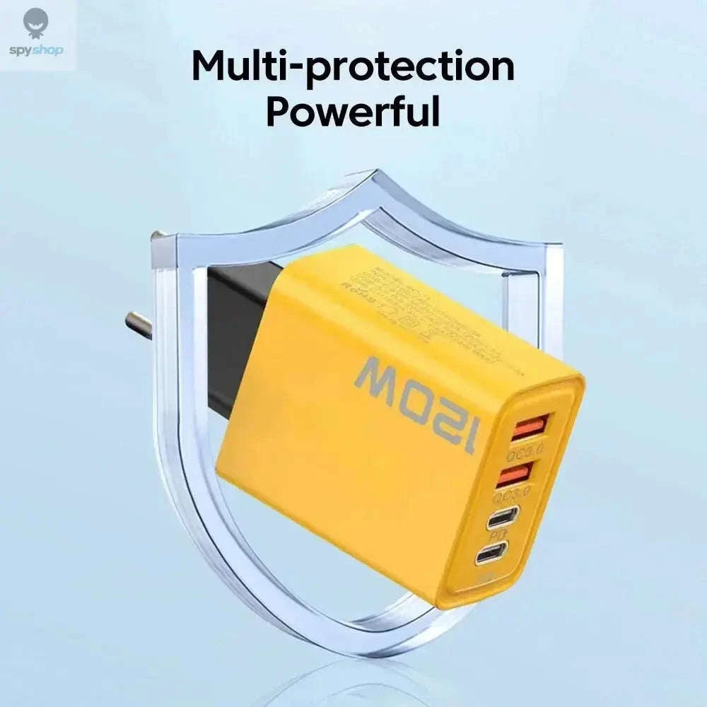120W Fast Charger – Quick Charge 3.0 Multi‑Port USB‑C Power Adapter-Black EU Plug / Yellow
