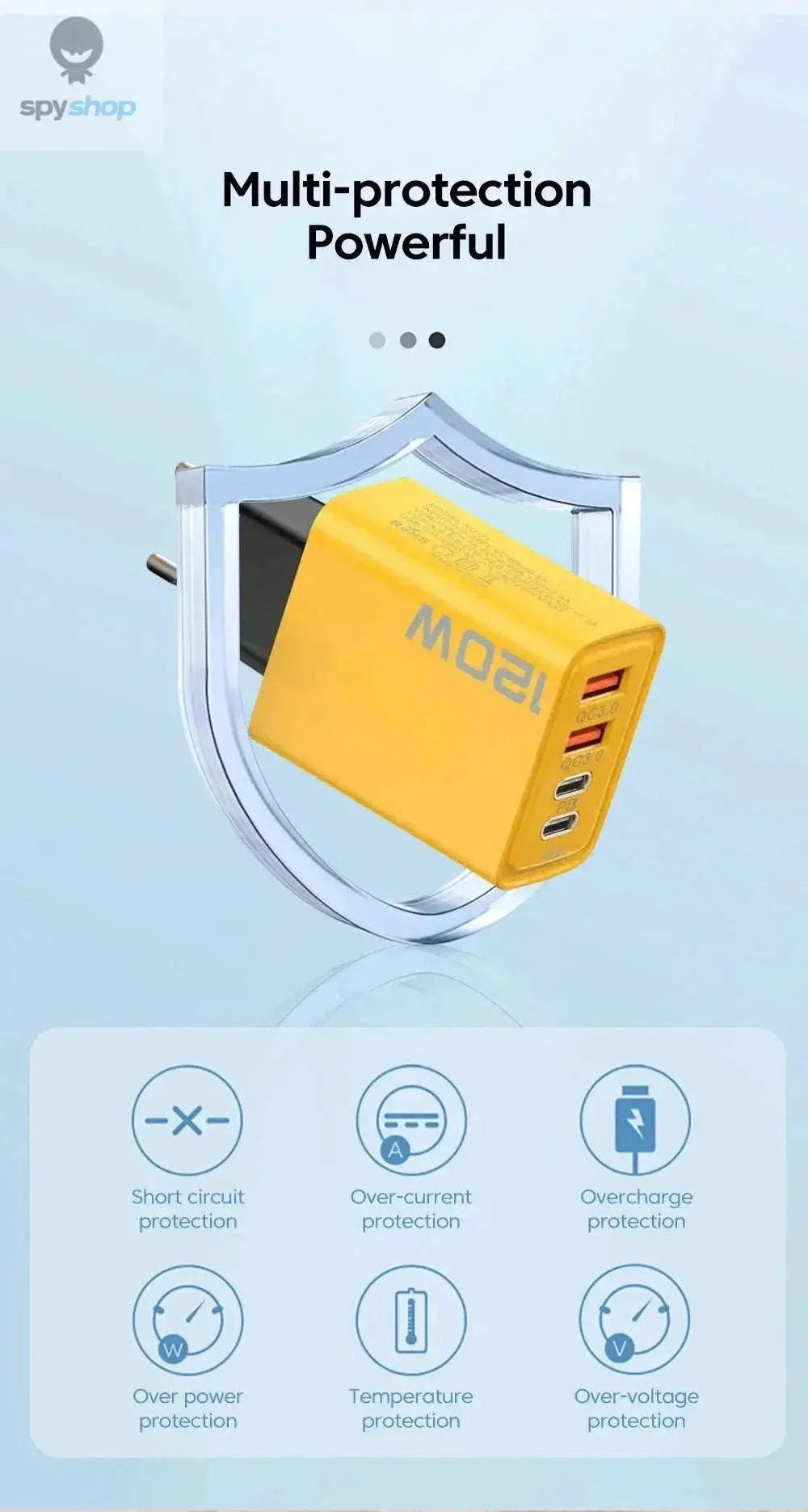 120W Fast Charger – Quick Charge 3.0 Multi‑Port USB‑C Power Adapter-Black EU Plug / Yellow