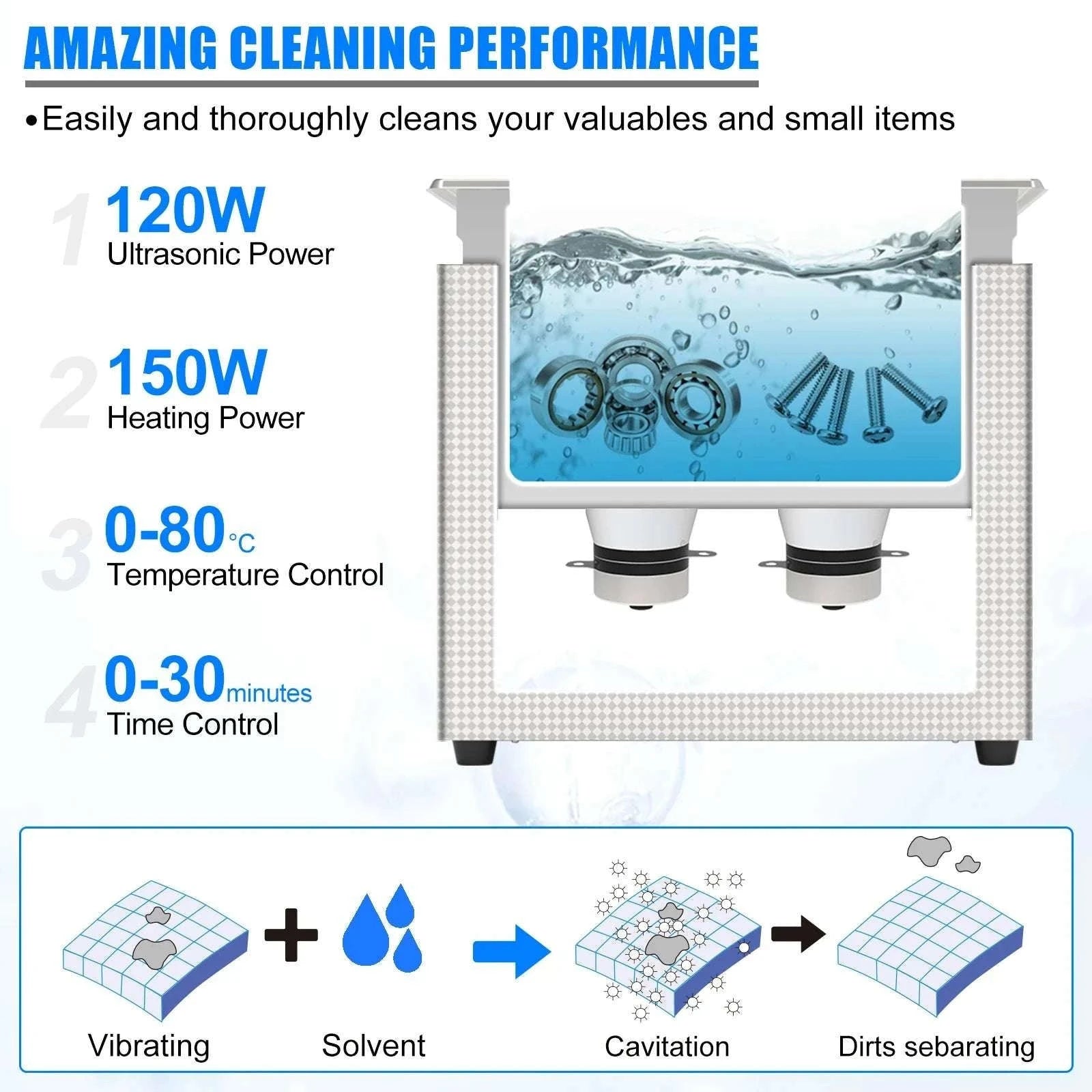 120W Ultrasonic Cleaner 1.3L with Heat & Timer for Jewelry Glasses-1.3L 60W / US