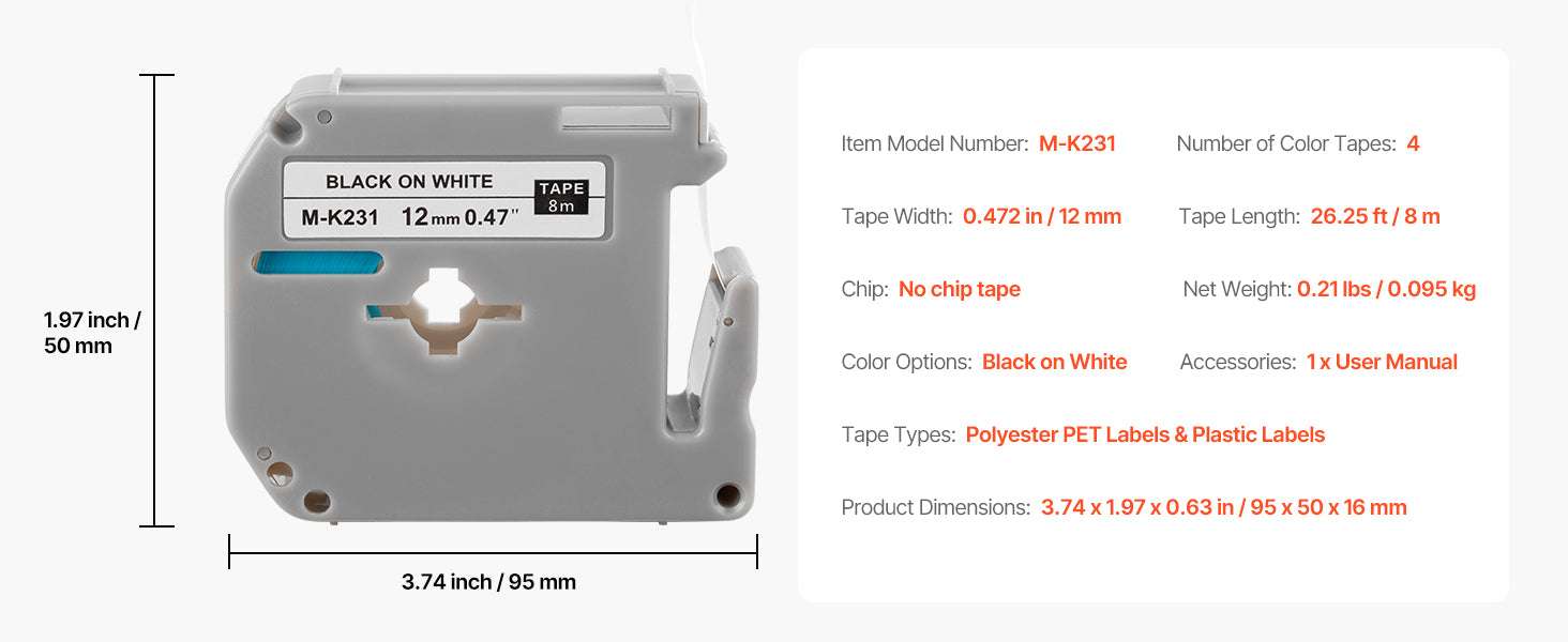 12mm Label Maker Tape 4-Pack Black on White for Brother M-K231-4 Pack / france