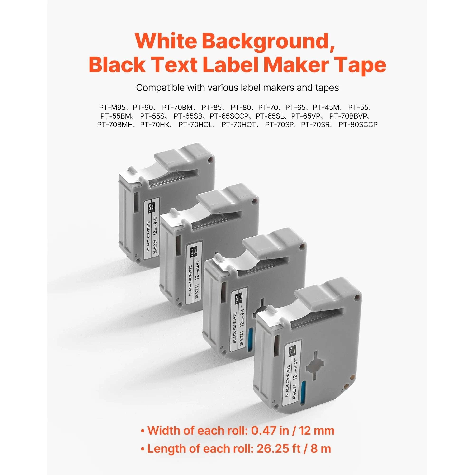 12mm Label Maker Tape 4-Pack Black on White for Brother M-K231-4 Pack / france