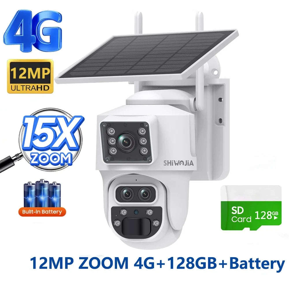 12MP 15X Zoom 4G Solar Security Camera Dual Screen Outdoor PTZ-White 4G 64GB / Russian Federation