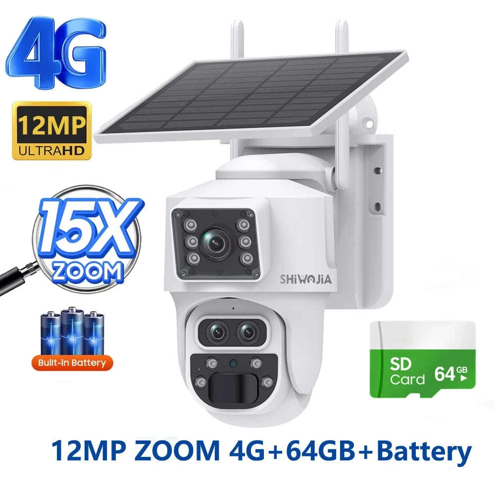 12MP 15X Zoom 4G Solar Security Camera Dual Screen Outdoor PTZ-White 4G 64GB / Russian Federation