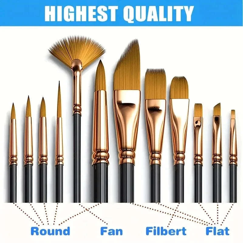 12pc Nylon Brush Set for Watercolor, Acrylic & Oil Painting-12 PCS