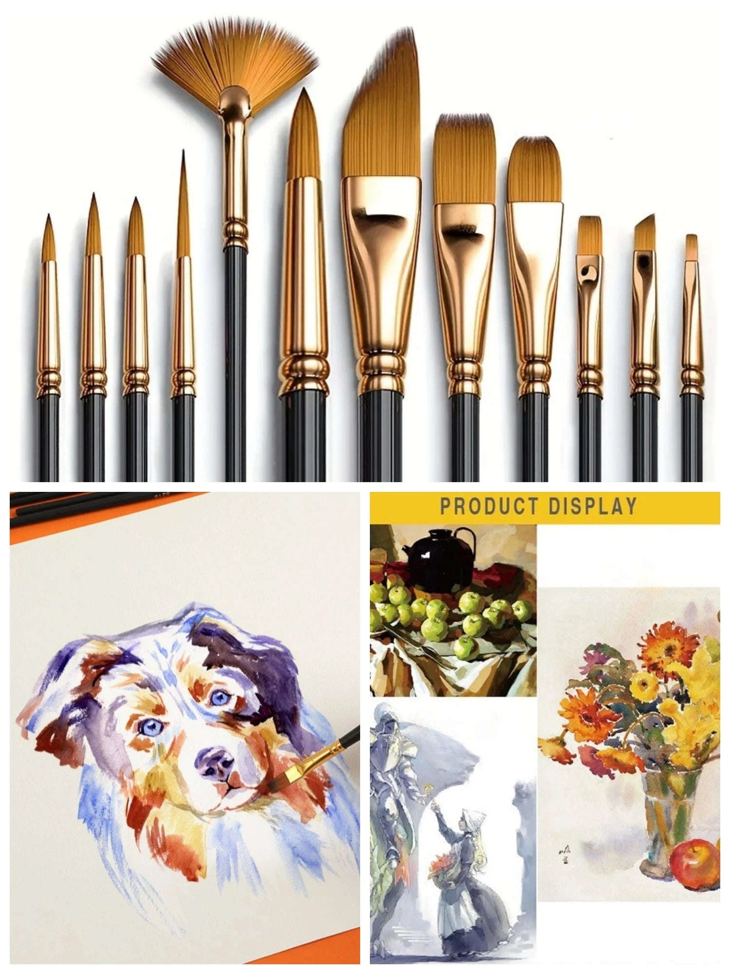 12pc Nylon Brush Set for Watercolor, Acrylic & Oil Painting-12 PCS