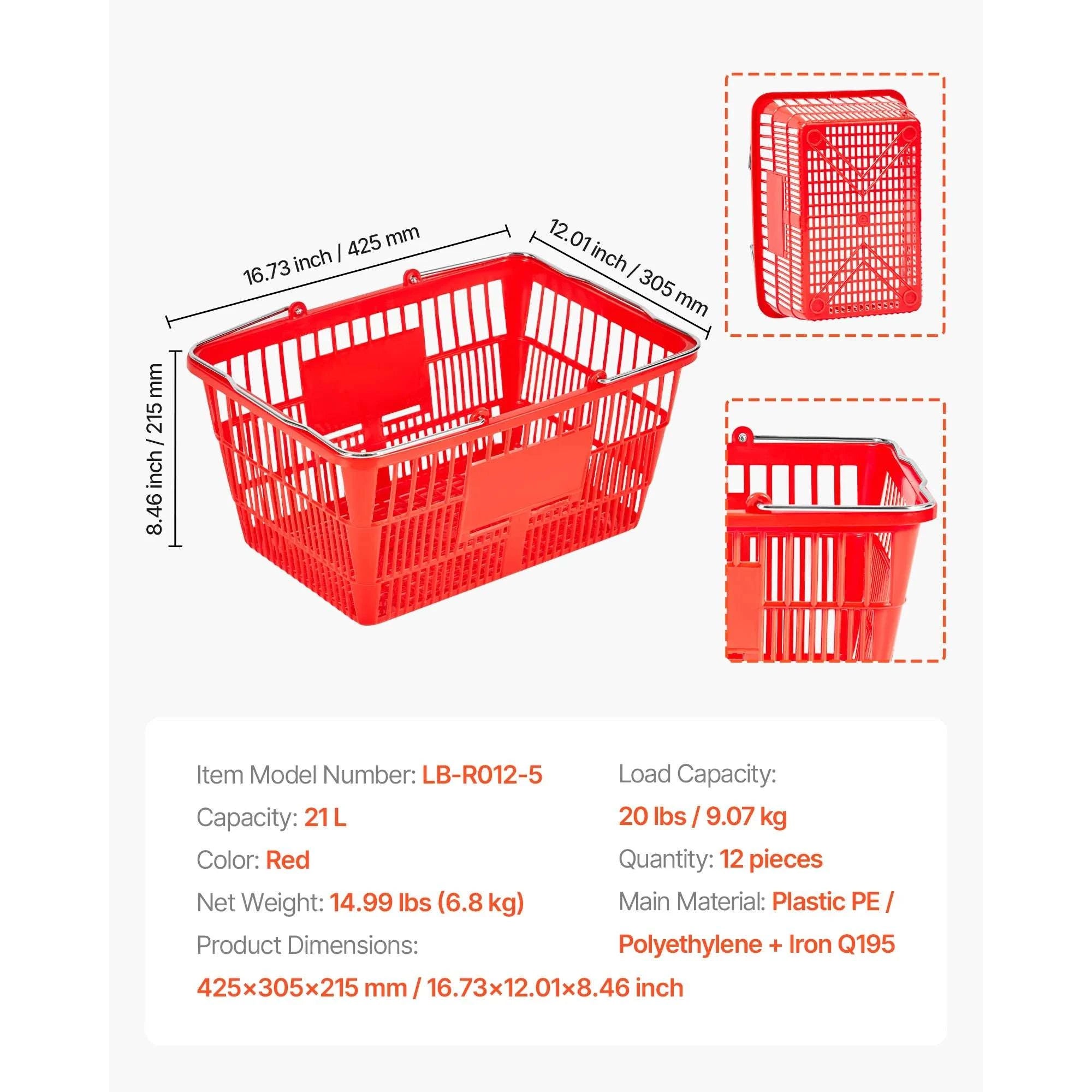 12PCS 21L Stackable Shopping Baskets with Handles for Stores-Red / United States