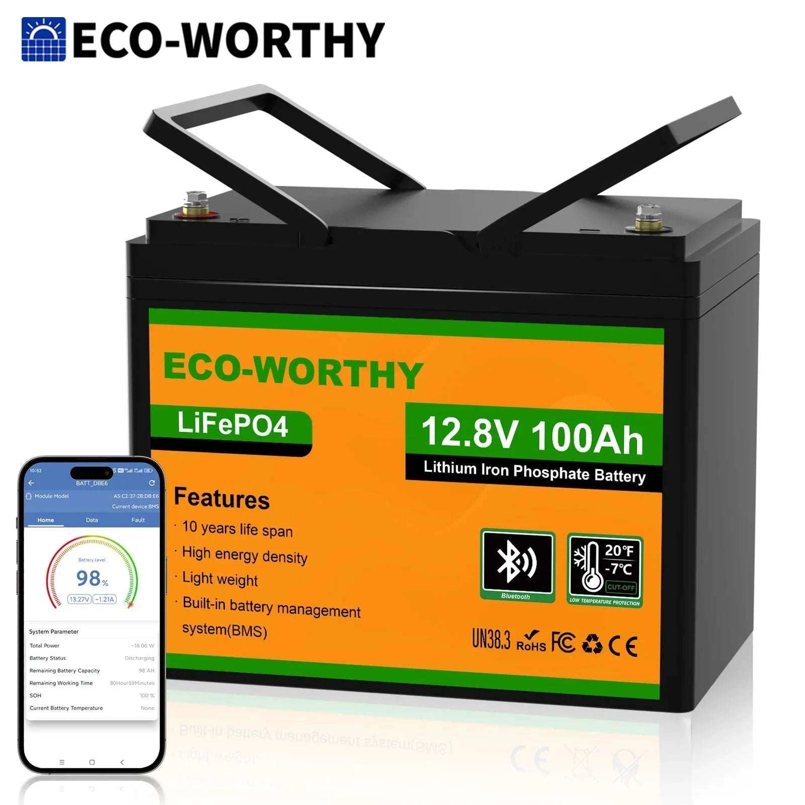 12V 100Ah LiFePO4 Battery with Bluetooth & Cold Protection-Red / United States