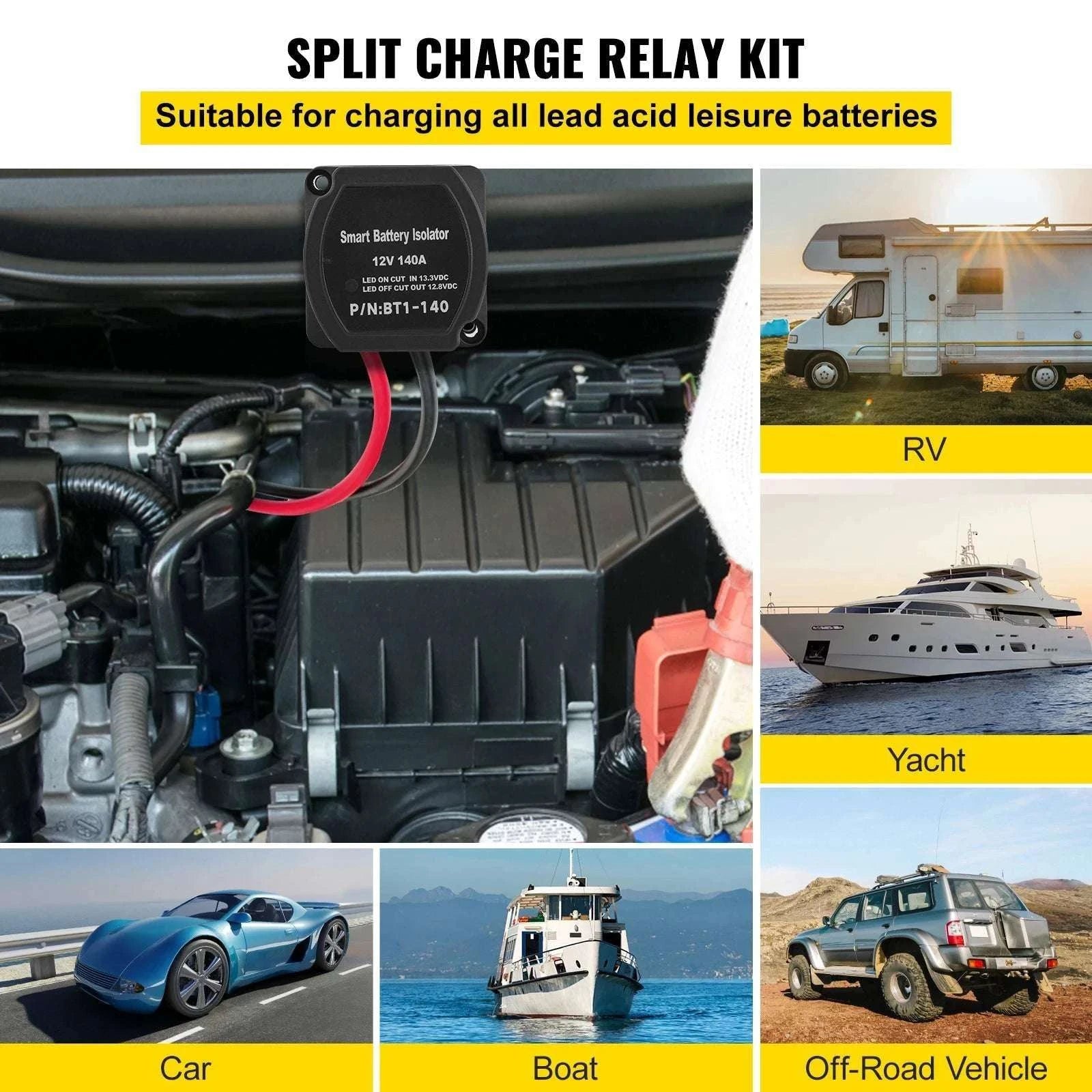 12V 140A Split Charge Relay Kit Dual Battery Isolator for RV & ATV-6 mtr Battery Cable / Poland