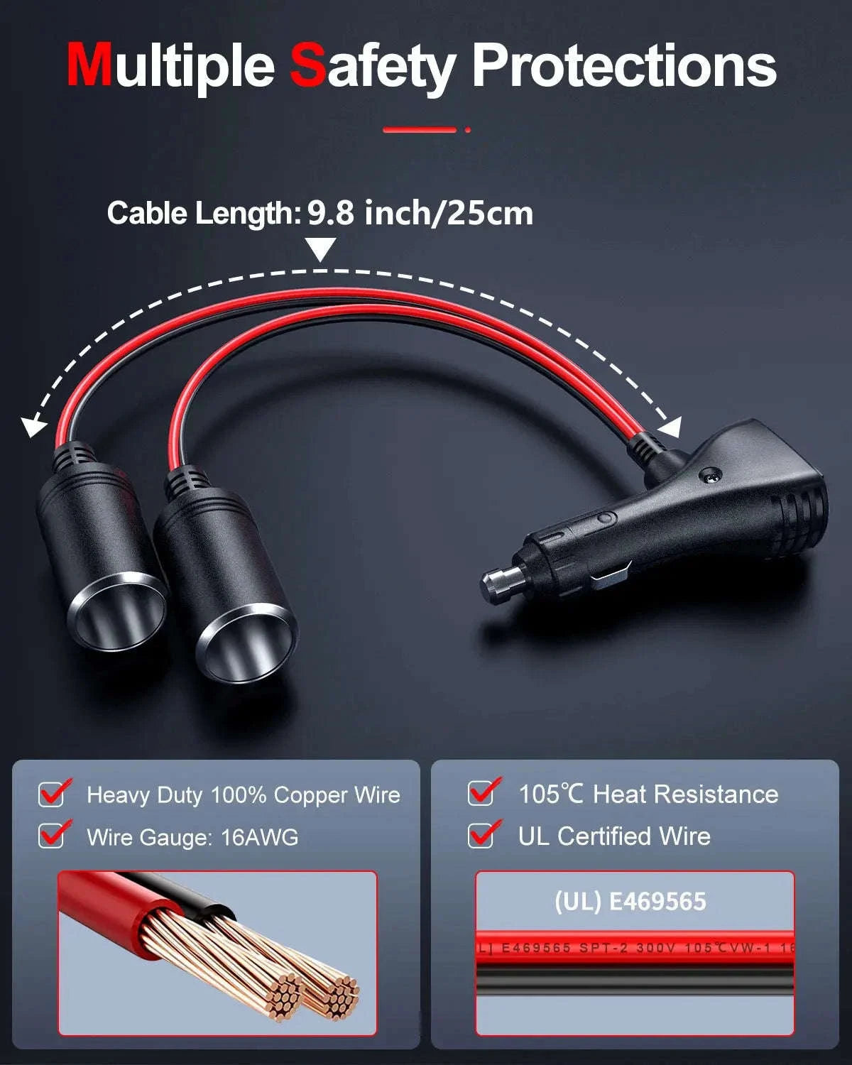 12V 24V 1 to 2 Car Cigarette Lighter Splitter Adapter with 10A Fuse-black