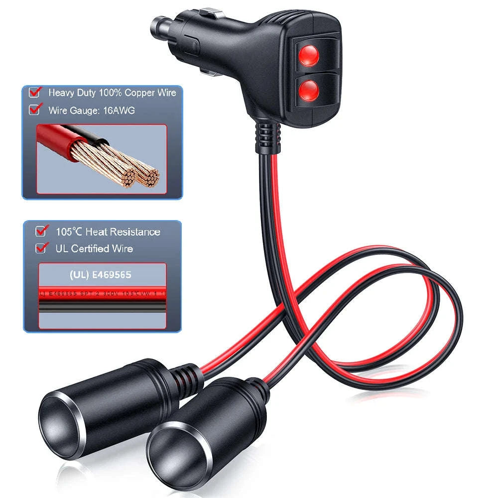 12V 24V 1 to 2 Car Cigarette Lighter Splitter Adapter with 10A Fuse-black