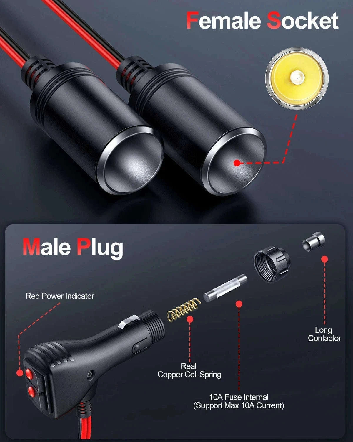 12V/24V 1 to 2 Car Cigarette Lighter Splitter Adapter with 10A Fuse-black / China Mainland