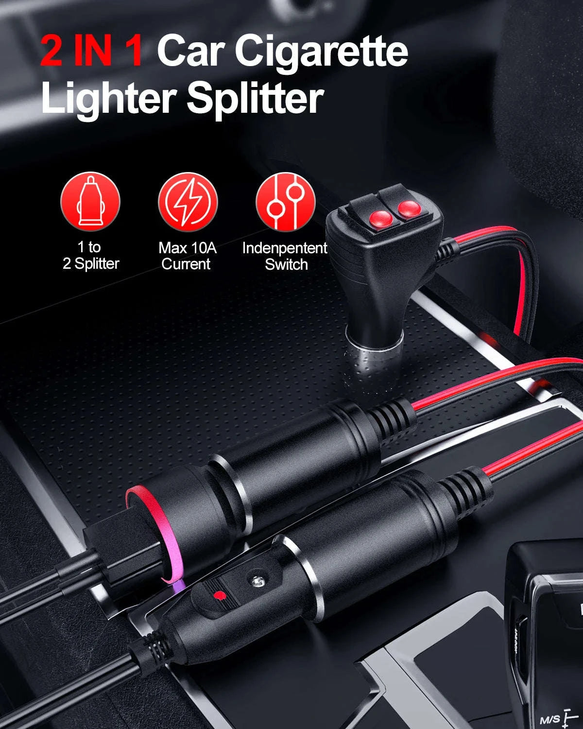 12V/24V 1 to 2 Car Cigarette Lighter Splitter Adapter with 10A Fuse-black / China Mainland